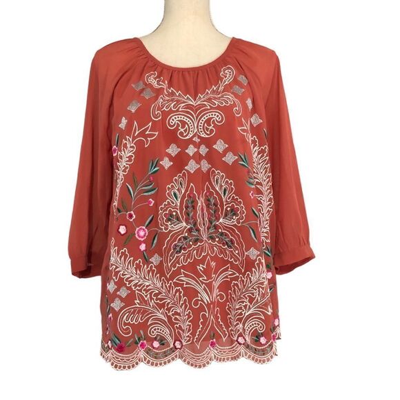 Soft Surroundings Embroidered Peasant Top - Color Brick Size Medium - Picture 2 of 12